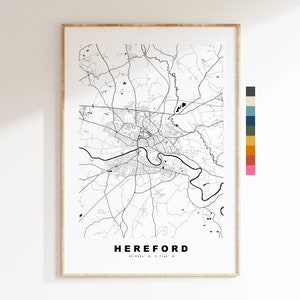 Impresión de mapa de Hereford - Póster de mapa de ciudad minimalista - Arte de pared con mapas - Reino Unido - Impresión de Hereford - Póster de Hereford - Diferentes colores disponibles