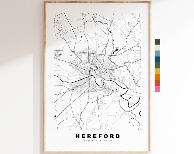 Hereford Map Print - Minimalist City Map Poster - Map Wall Art - UK - Hereford Print - Hereford Poster - Different Colours Available