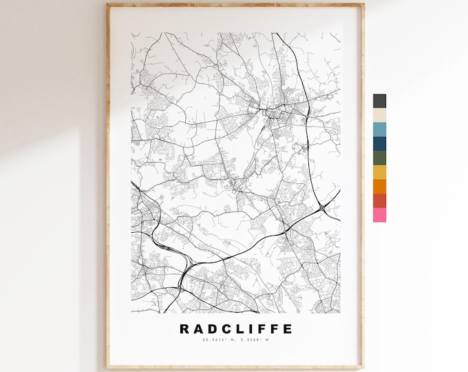 Radcliffe Map Print - Minimalist City Map Poster - Map Art - UK - Radcliffe Print - Radcliffe, Manchester - Different Colours Available