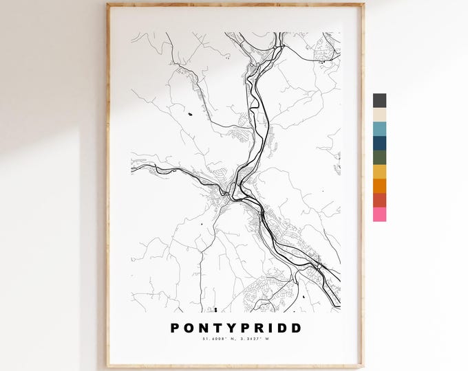 Pontypridd Map Print - Minimalist City Map Poster - Map Art - Wales - Pontypridd Print - Pontypridd Poster - Different Colours Available