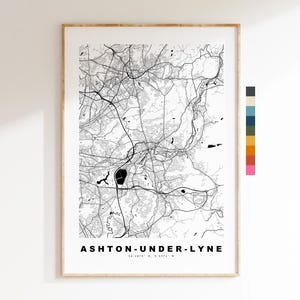 Impresión del mapa de Ashton under Lyne - Póster minimalista de mapa urbano - Arte cartográfico - Reino Unido - Impresión de Ashton - Ashton, Mánchester - Diferentes colores disponibles