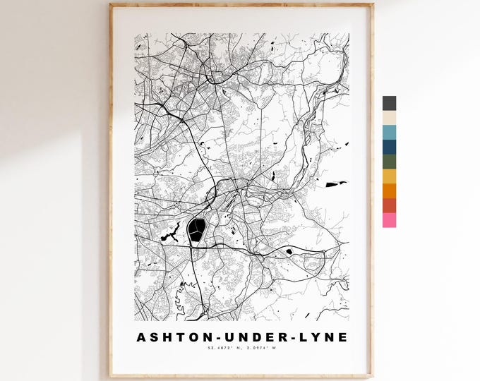 Ashton under Lyne Map Print - Minimalist City Map Poster - Map Art - UK - Ashton Print - Ashton, Manchester - Different Colours Available