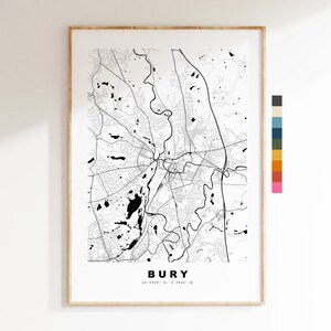 Impresión de mapa de Bury - Póster de mapa de ciudad minimalista - Arte de pared con mapas - Reino Unido - Impresión de Bury - Póster de Bury - Diferentes colores disponibles