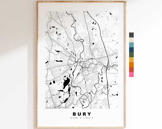 Bury Map Print - Minimalist City Map Poster - Map Wall Art - UK - Bury Print - Bury Poster - Different Colours Available
