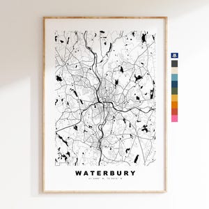Waterbury Carte de la ville Imprimer - impression de carte - art de la carte - estampes ou impressions encadrées - minimaliste - États-Unis