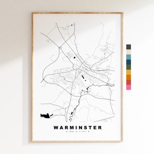 Impresión de mapa de Warminster - Póster de mapa de ciudad minimalista - Arte de mapas - Reino Unido - Impresión de Warminster - Póster de Warminster - Diferentes colores disponibles