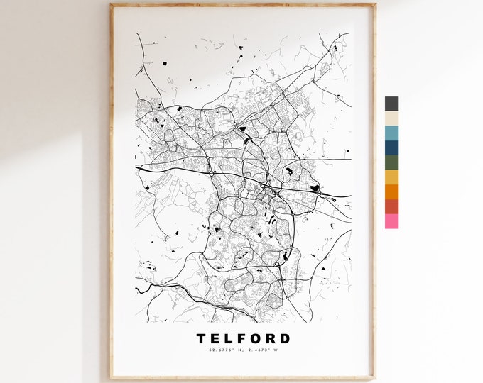 Telford Map Print - Minimalist City Map Poster - Map Art - UK - Telford Print - Telford Poster - Different Colours Available
