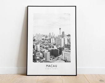 Macau City Poster Print - Black and White Minimalist City Print - Coordinates - Macau Poster - Macau Art Print - Asia - Travel - Gift