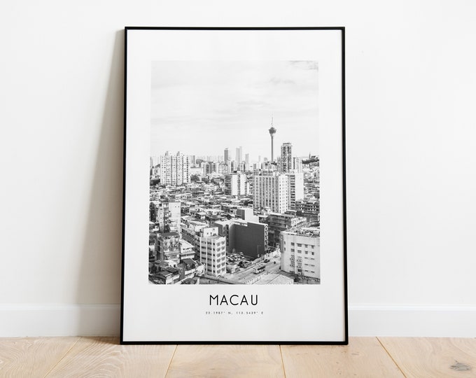 Macau City Poster Print - Black and White Minimalist City Print - Coordinates - Macau Poster - Macau Art Print - Asia - Travel - Gift