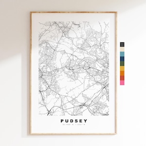Impresión del mapa de Pudsey - Póster minimalista de mapa urbano - Arte cartográfico - Reino Unido - Impresión de Pudsey - Pudsey, West Yorkshire - Disponible en varios colores
