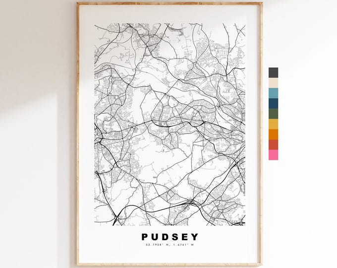 Pudsey Map Print - Minimalist City Map Poster - Map Art - UK - Pudsey Print - Pudsey, West Yorkshire - Different Colours Available