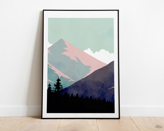 Green Sunset - Mountains Minimalist Print - Abstract Mountains