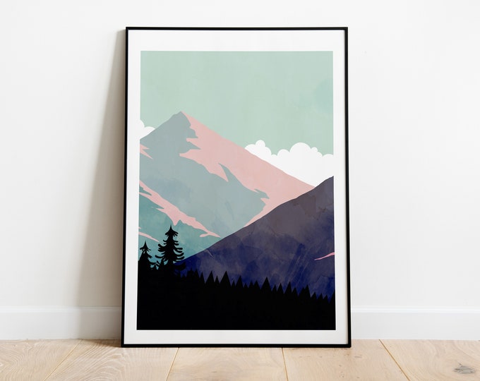 Green Sunset - Mountains Minimalist Print - Abstract Mountains - Wall Art - Abstract Poster - Mountain Art - Wilderness - Wanderlust