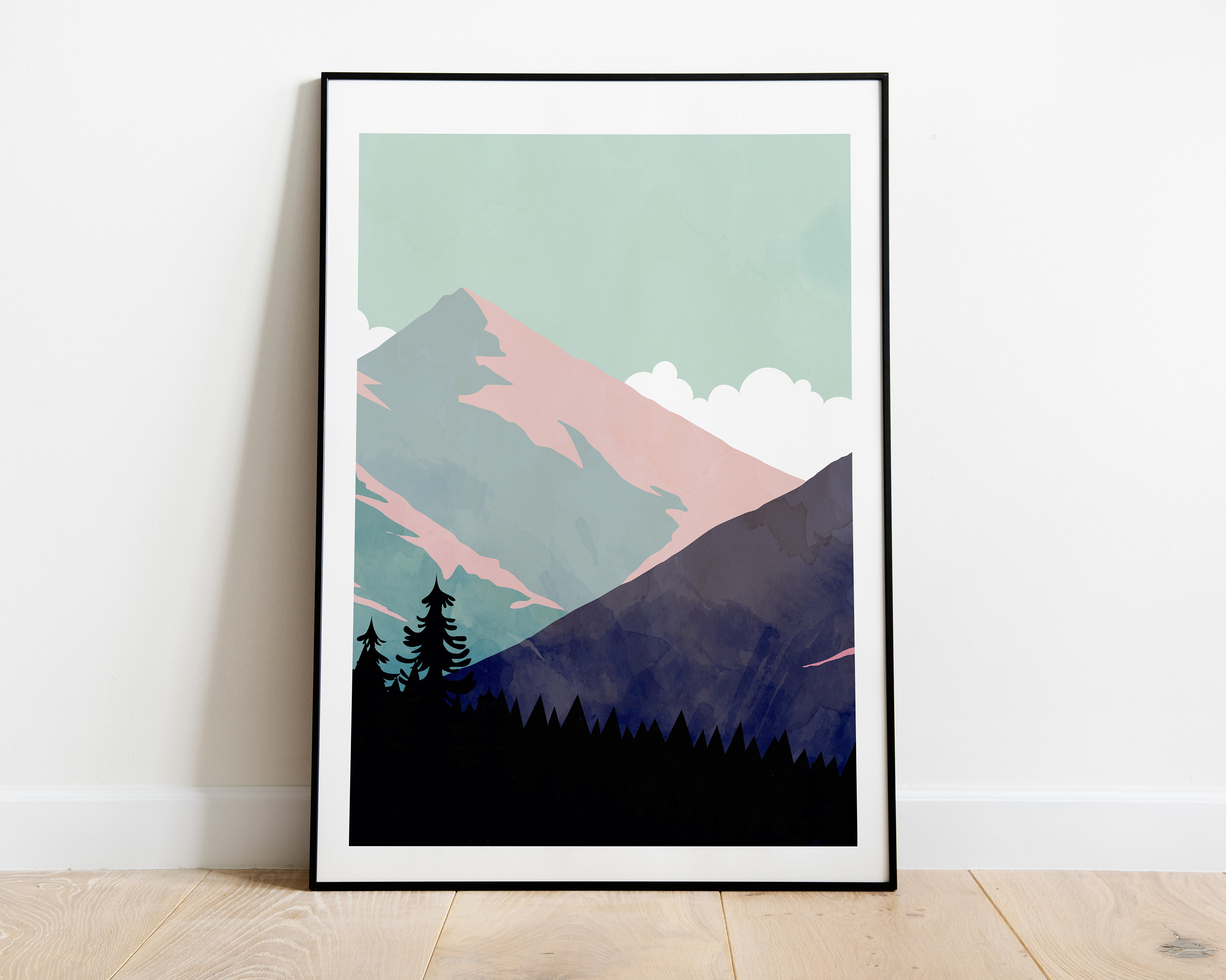 A mountain landscape made with mid-century modern collage, made of