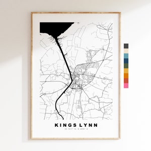 Impresión de mapa de Kings Lynn - Póster de mapa de ciudad minimalista - Arte de pared con mapas - Reino Unido - Impresión de Kings Lynn - Póster de Kings Lynn - Diferentes colores disponibles