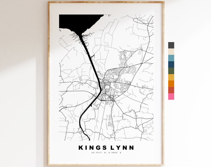 Kings Lynn Map Print - Minimalist City Map Poster - Map Wall Art - UK - Kings Lynn Print - Kings Lynn Poster - Different Colours Available