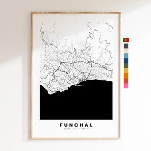 Funchal Carte de la ville Imprimer - impression de carte - art de la carte - impressions ou impressions encadrées - minimaliste - Portugal