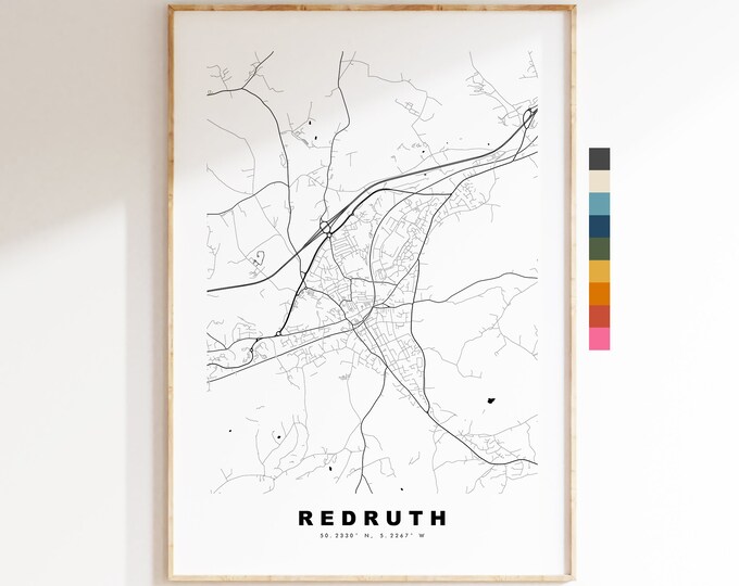 Redruth Map Print - Minimalist City Map Poster - Map Art - UK - Redruth Print - Redruth Poster - Different Colours Available