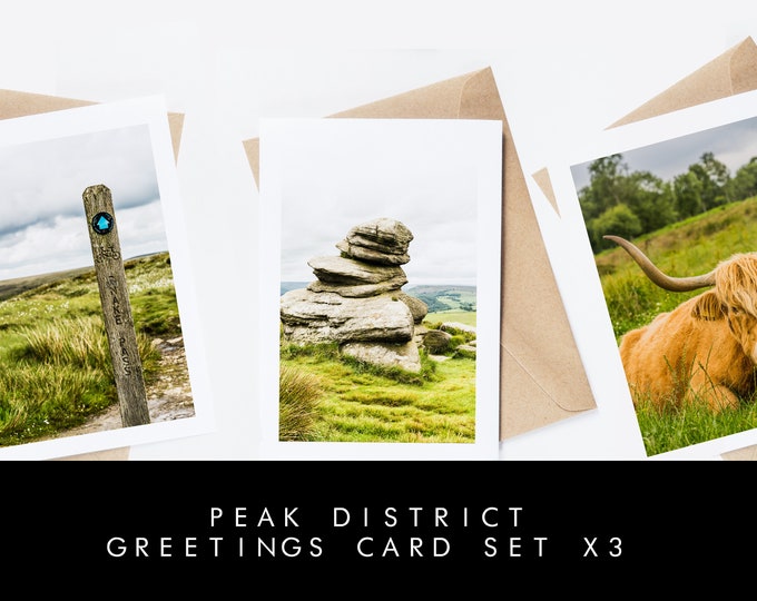 Peak District Greeting Card Set - 3x Greeting Cards - Blank Inside - Brown Recycled Envelopes - Wedding - Birthday - Anniversary