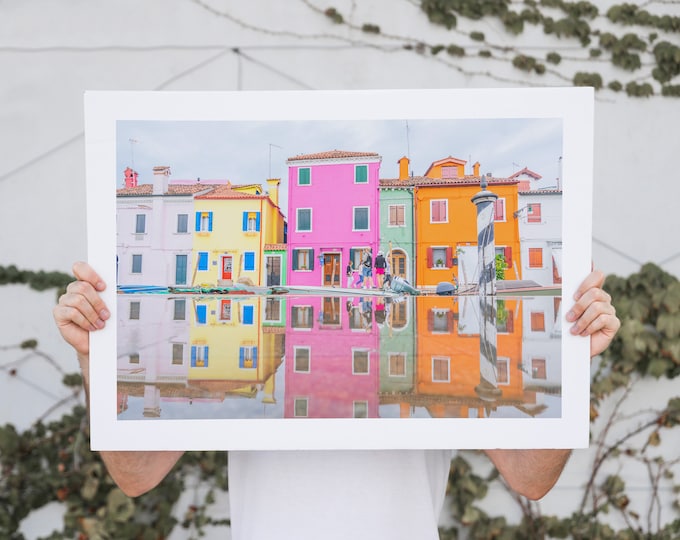 Burano Landscape Photography Print - Colourful Houses - Reflection - Pink - Orange - Modern Wall Art - Contemporary - Pastel Colours - Art