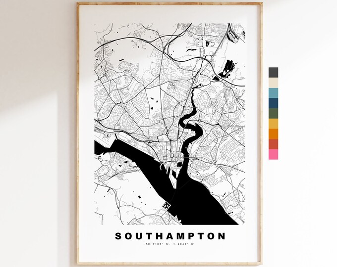 Southampton Map Print - Minimalist City Map Poster - Map Art - UK - Southampton Print - Southampton Poster - Different Colours Available