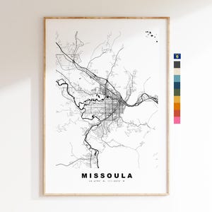 Missoula Carte de la ville Imprimer - impression de carte - art de la carte - estampes ou impressions encadrées - minimaliste - États-Unis