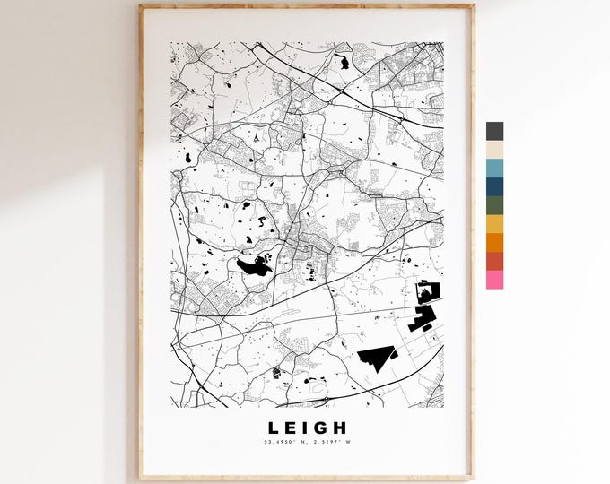 Leigh Map Print - Minimalist City Map Poster - Map Art - UK - Leigh Print - Leigh, Manchester - Different Colours Available