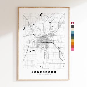 Jonesboro Carte de la ville Imprimer - impression de carte - art de la carte - estampes ou impressions encadrées - minimaliste - États-Unis