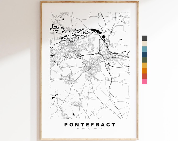 Pontefract Map Print - Minimalist City Map Poster - Map Art - UK - Pontefract Print - Pontefract, Yorkshire - Different Colours Available