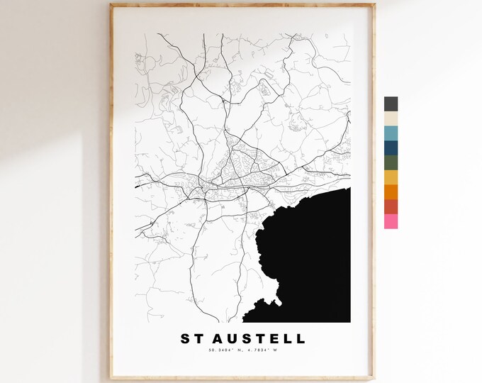 St Austell Map Print - Minimalist City Map Poster - Map Art - UK - St Austell Print - St Austell Poster - Different Colours Available