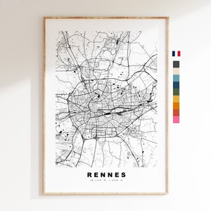 Rennes impression de carte - Carte de la ville minimaliste - Map Wall Art - Impressions ou impressions encadrées