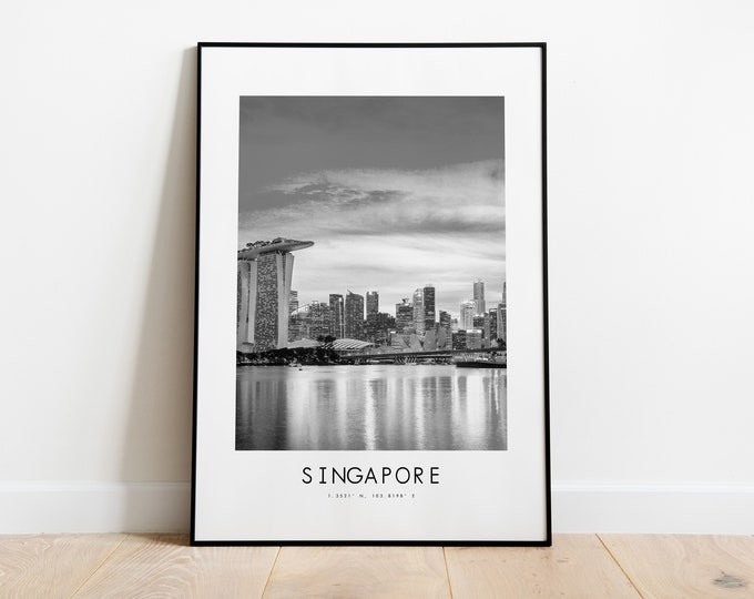 Singapore City Poster Print - Black and White Minimalist City Print - Coordinates - Singapore Poster - Singapore Art Print - Singapore Gift