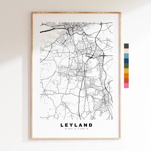 Impresión del mapa de Leyland - Póster minimalista de mapa urbano - Arte cartográfico - Reino Unido - Impresión de Leyland - Leyland, Lancashire - Diferentes colores disponibles