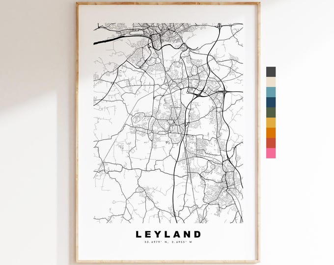 Leyland Map Print - Minimalist City Map Poster - Map Art - UK - Leyland Print - Leyland, Lancashire - Different Colours Available