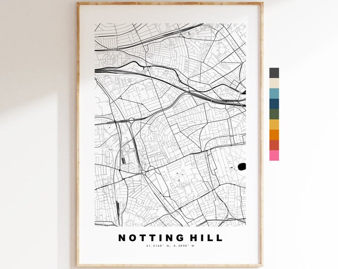Notting Hill Map Print - Minimalist City Map Poster - Map Art - London, UK - Notting Hill Print - Poster - Different Colours Available