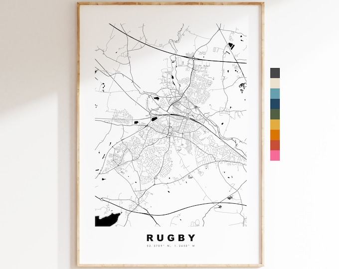 Rugby Map Print - Minimalist City Map Poster - Map Art - UK - Rugby Print - Rugby Poster - Different Colours Available