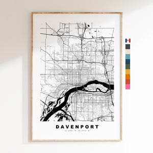 Davenport Carte de la ville Imprimer - impression de carte - art de la carte - estampes ou impressions encadrées - minimaliste - États-Unis