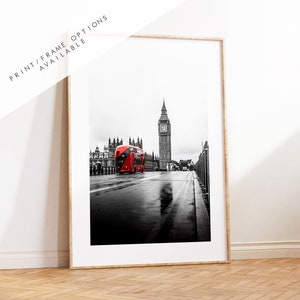 London Print - London Photography Print - Fine Art Photography - London Print - Poster - Wall Art - Westminster Bridge - London Bus - Red