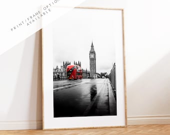 London Print - London Photography Print - Fine Art Photography - London Print - Poster - Wall Art - Westminster Bridge - London Bus - Red