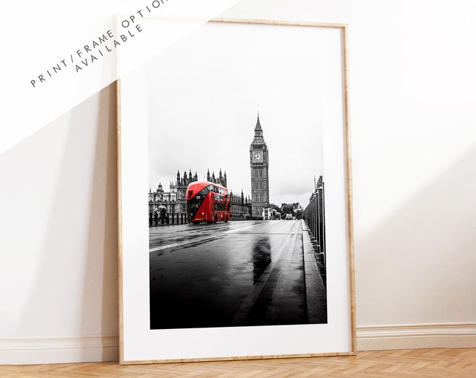 London Print - London Photography Print - Fine Art Photography - London Print - Poster - Wall Art - Westminster Bridge - London Bus - Red
