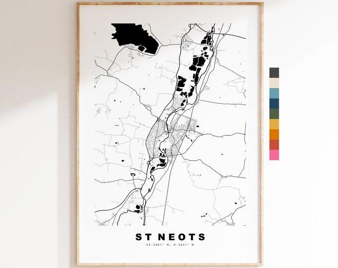 St Neots Map Print - Minimalist City Map Poster - Map Art - UK - St Neots Print - St Neots, Cambridgeshire - Different Colours Available