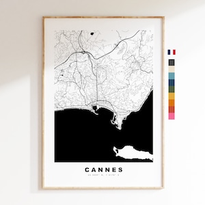 Cannes Impresión de mapas de la ciudad - Mapa de la ciudad minimalista - Arte de la pared del mapa - Impresiones o impresiones enmarcadas