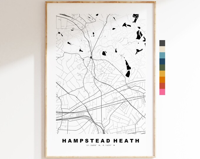 Hampstead Heath Map Print - Minimalist City Map Poster - Map Art - London, UK - Hampstead Print - Poster - Different Colours Available