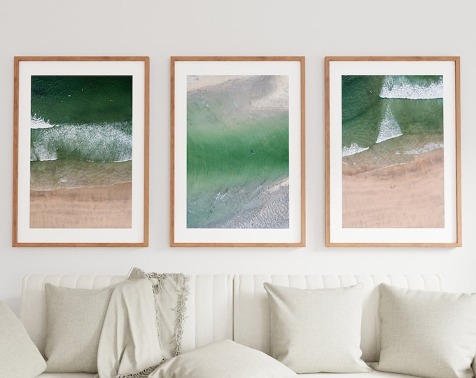 Beach Print Set - Aerial Photography Print Set - Coastal Wall Art - Minimalist Beach - Surfing - Surfboards - Cornwall - Turquoise - Green