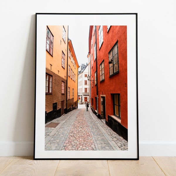 Colour Street Print - Gamla Stan - Stockholm - Street Photography - Street Scene - Old Town - Cobbles - Red - Yellow - Neutral Wall Art