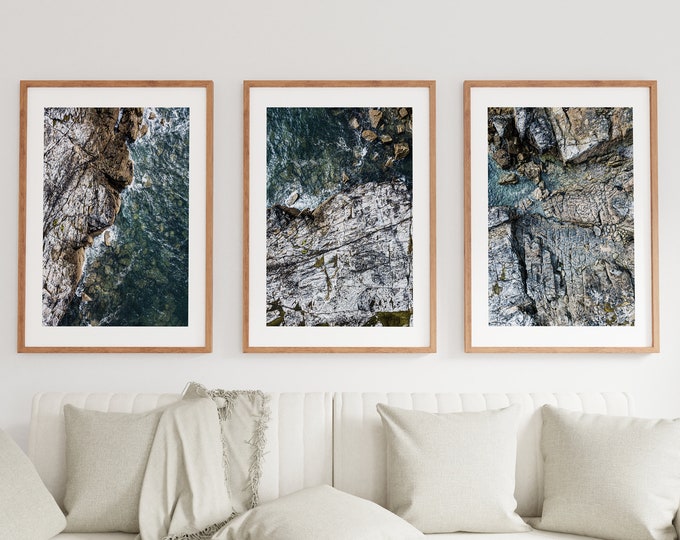 Rugged Ocean Landscape Print Set - Ocean Print Set - Rocky Landscape - Grey - Blue - Minimalist - Modern - Coastal Wall Art - Aerial Photo