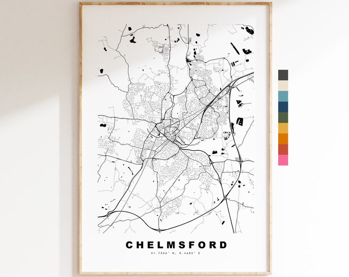 Chelmsford Map Print - Minimalist City Map Poster - Map Wall Art - UK - Chelmsford Print - Chelmsford Poster - Different Colours Available