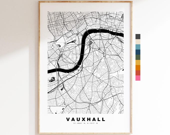 Vauxhall Map Print - Minimalist City Map Poster - Map Art - UK - Vauxhall Print - Vauxhall, London - Different Colours Available