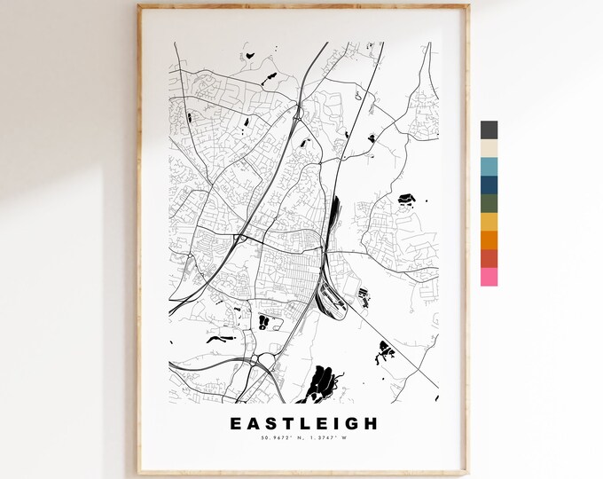 Eastleigh Map Print - Minimalist City Map Poster - Map Art - UK - Eastleigh Print - Eastleigh Poster - Different Colours Available