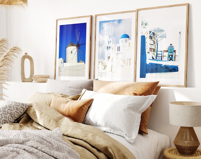 Greece Photography Print Set - Print Set of Three - Blue Wall Art - Blue Living Room Art - Bold Blue - Kitchen Print Set - Contemporary Art